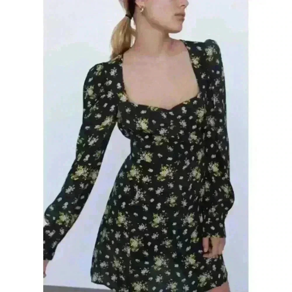 Zara Dress Womens S Floral Print Lavender Roses Black Purple Long Sleeve NEW NWT